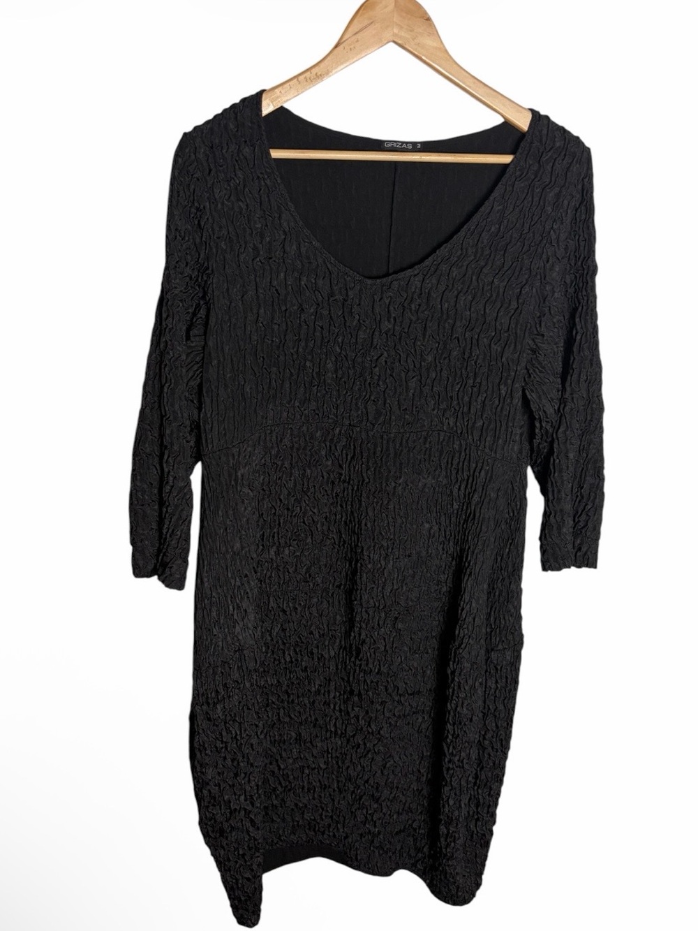 Grizas black silk avant garde crinkle 3/4 sleeves midi dress size M